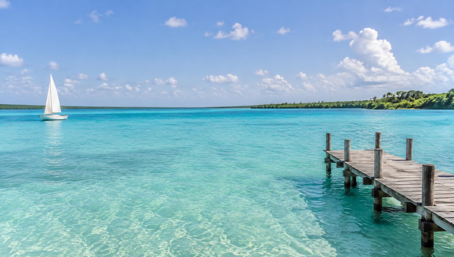 Ilustración de la laguna de Bacalar con agua turquesa y un muelle